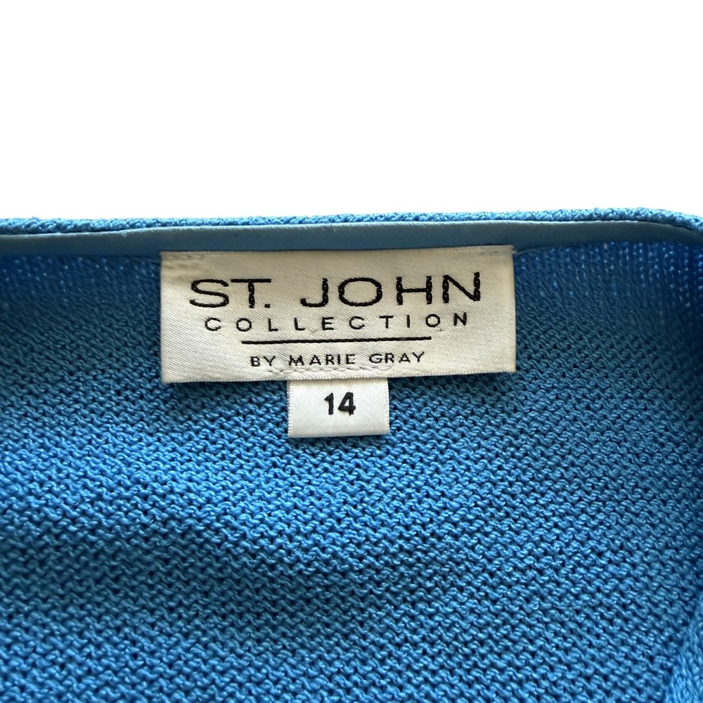 St John Collection Blue Santana Knit Skirt Suit Gold Button Jacket Set Size 14 - Picture 3 of 6